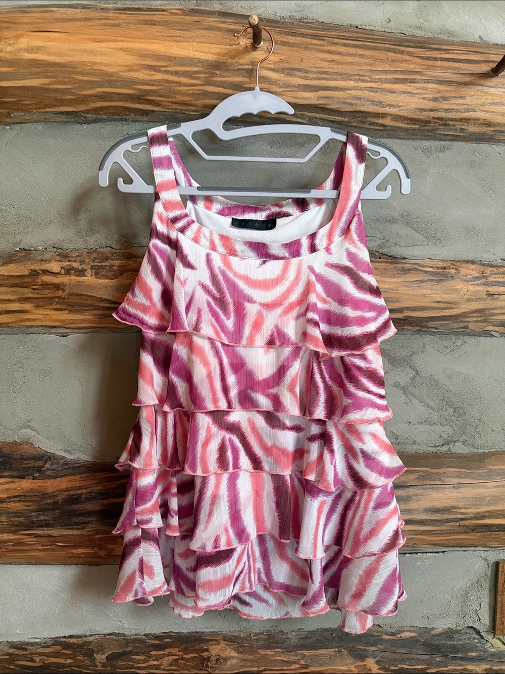Ninety Pink and White Tiered Ruffle Tank Top